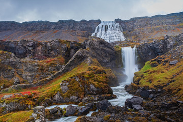 Dynjandi waterfall, Westfjords, Iceland. Long exposure picture. September 2019