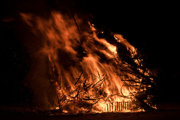 Close-up of a big bonfire burning at night