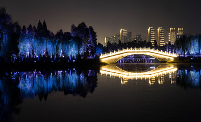  Night view of  Chinese bridge with light decoration at East Lake Wuhan, Hubei, China