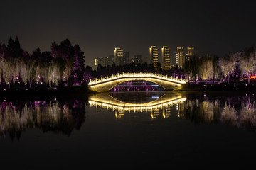 Night view of  Chinese bridge with light decoration at East Lake Wuhan, Hubei, China