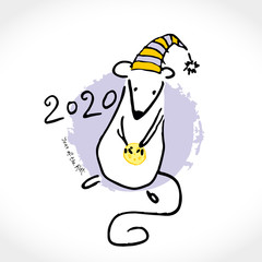 Beautiful hand drawn illustration with cute white rat in a festive cap. Year of the Rat 2020. Mouse vector sketch in retro style. Greeting vector card for Happy New Year congratulations. 
