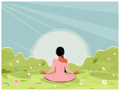  Vector illustration image of meditation in spring.Good looking woman doing yoga in lotus position.Flower blooming,green glass and sunshine.International Yoga Day on 21st June.Spring people activities