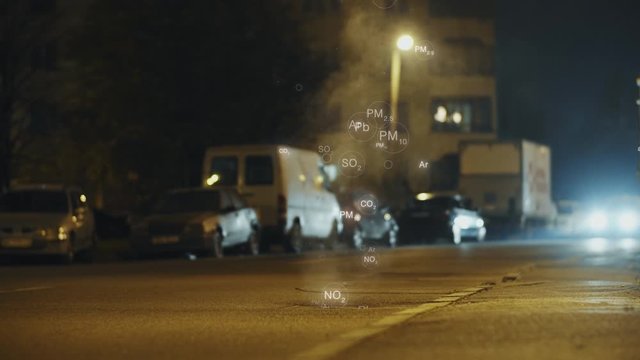 Steam Rising Up out of a Sewer Drain on a City Street at Night. Augmented Reality of Harmfull Chemical Formula CO2 NO2 SO2 NH inside Smoke Emissions. Car driving near Sewer Evaporation. Urban life