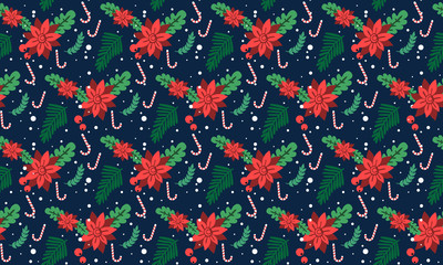 Cute Christmas red flower art, leaf and floral seamless pattern.