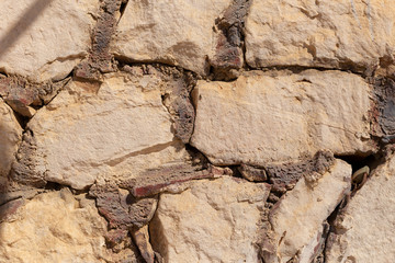 Background of limestone masonry. The surface is decorated with natural material. The wall is made of wild stone.