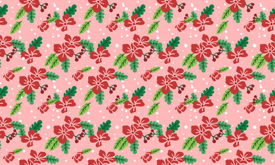 Leaf and flower style element template, seamless Christmas floral pattern background.