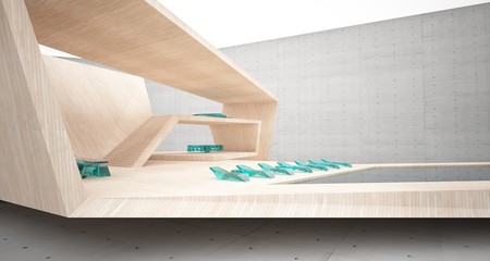 Abstract architectural concrete, wood and glass interior of a minimalist house with swimming pool and neon lighting. 3D illustration and rendering.