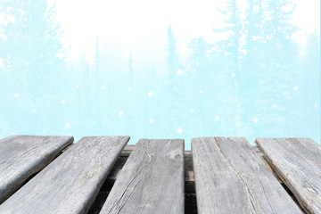 empty wooden table on the blue nature background