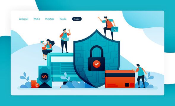 Landing Page For Financial Security, Banking Protection For Investment, Credit, Loans, Debt, Savings. Customer Data Security And Privacy, Pay, Buy, Purchase. Vector Design Flyer Poster Mobile Apps Ads