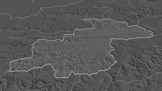 Ghor, province with its capital, zoomed and extruded on the bilevel map of Afghanistan in the conformal Stereographic projection. Animation 3D