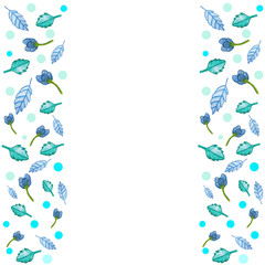 botanical color blue illustration. drawn by colored pencils. flowers and leaves around the edges. blank postcard printing