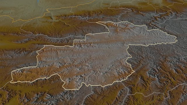 Ghor, province with its capital, zoomed and extruded on the relief map of Afghanistan in the conformal Stereographic projection. Animation 3D
