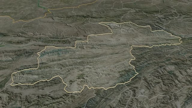 Ghor, province with its capital, zoomed and extruded on the satellite map of Afghanistan in the conformal Stereographic projection. Animation 3D