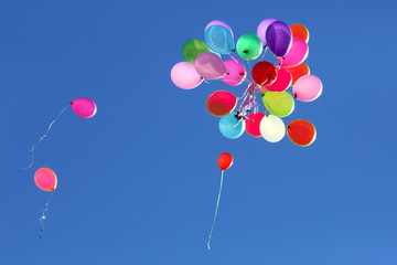 many multicolored balloons flying in the blue sky
