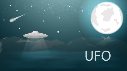 flying saucer UFO flying high in the mountains above the clouds in the starry sky at night