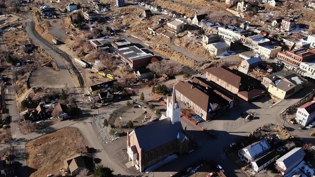 Old Church and Train Yard at Virginia City NV Aerial