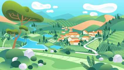 Gordijnen landlandschapsillustratie met huizen, rivieren, bergen, bomen en prachtige landschappen vector © yisar