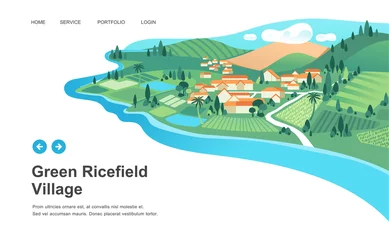 Rollo Dorf mit Häusern, Reisfeld, Berg- und Flusslandschaftsvektorillustration © yisar
