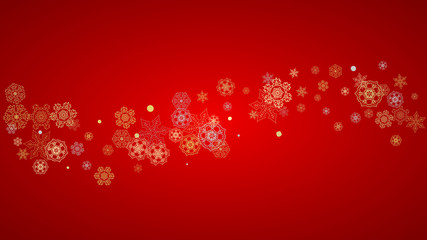 Christmas snow on red background. Glitter frame for winter banners, gift coupon, voucher, ads, party event. Santa Claus colors with golden Christmas snow. Horizontal falling snowflakes for holiday