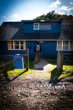 Blue house in village