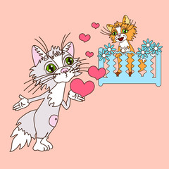Greeting card valentine with a cool cat in love who blows a kiss to his girlfriend, who is standing on the balcony with flowers