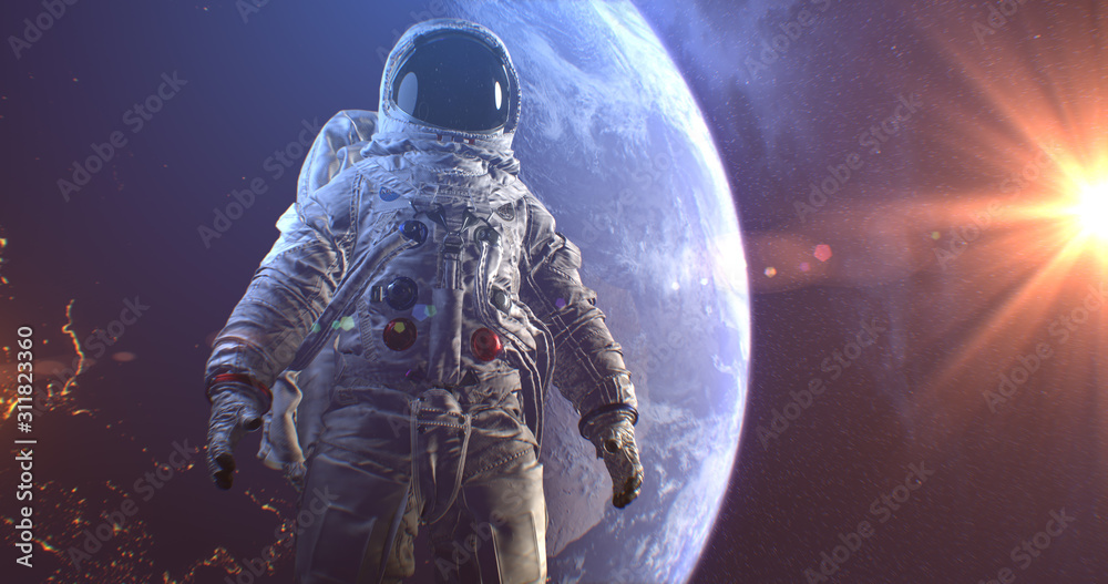 Wall mural astronaut neil armstrong, spacewalk on the moon surface watching planet earth from space. elements o
