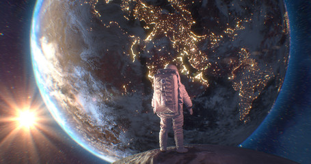 Astronaut Neil Armstrong, spacewalk on the Moon surface watching planet Earth from space. Elements of this image furnished by NASA, 3d render