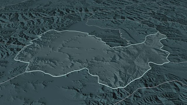Kabul, province with its capital, zoomed and extruded on the administrative map of Afghanistan in the conformal Stereographic projection. Animation 3D