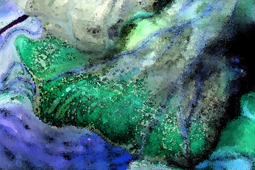 Grudge looking Abstract watercolor background Green Black and Blue as primary colors hand painted background, marble texture, abstract ocean, acrylic painting on canvas. Modern art. Contemporary art