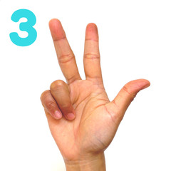 Sign language number 3 for the deaf . Fingerspelling in American Sign Language (ASL). Hand gesture...