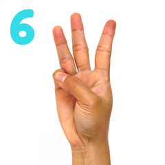 Sign language number 6 for the deaf . Fingerspelling in American Sign Language (ASL). Hand gesture number six on a white background.