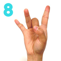 Sign language number 8 for the deaf . Fingerspelling in American Sign Language (ASL). Hand gesture number eight on a white background.