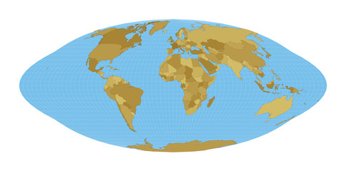 World Map. Pseudocylindrical equal-area Goode homolosine projection. Map of the world with meridians on blue background. Vector illustration.