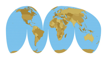 World Map. Goode's interrupted Mollweide projection. Map of the world with meridians on blue background. Vector illustration.