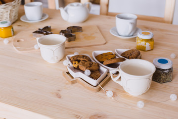 kitchen interior, details of decorations with a large plan. New Year or Christmas celebration concept at home.