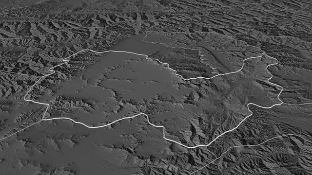 Kabul, province with its capital, zoomed and extruded on the bilevel map of Afghanistan in the conformal Stereographic projection. Animation 3D