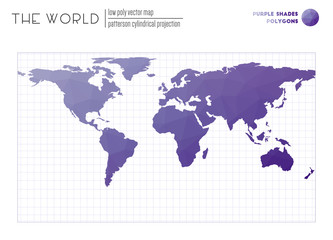 World map in polygonal style. Patterson cylindrical projection of the world. Purple Shades colored polygons. Neat vector illustration.