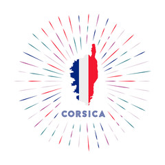 Obraz premium Corsica sunburst badge. The island sign with map of Corsica with French flag. Colorful rays around the logo. Vector illustration.