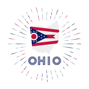 Ohio sunburst badge. The us state sign with map of Ohio with state flag. Colorful rays around the logo. Vector illustration.