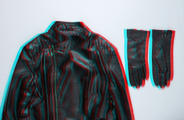 Fashionable women's clothing and accessories. Glitch effect. Top view