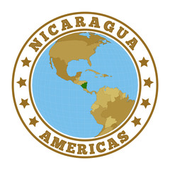 Nicaragua logo. Round badge of country with map of Nicaragua in world context. Country sticker stamp with globe map and round text. Vector illustration.