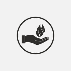 Leaf in hand icon. Vector illustration, flat design