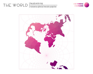 Vector map of the world. Transverse spherical Mercator projection of the world. Red Purple colored polygons. Amazing vector illustration.
