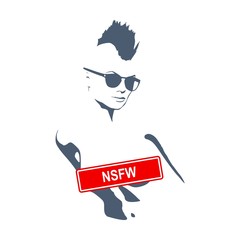 Sensitive photo content. Explicit video content. Inappropriate content. Internet safety concept. Censored only adult 18 plus. Stamp with NSFW text. Naked woman front view. Not safe for work