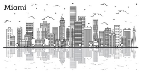 Fototapeta premium Outline Miami Florida City Skyline with Modern Buildings and Reflections Isolated on White.