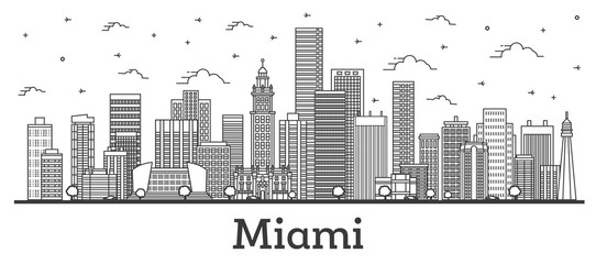 Outline Miami Florida City Skyline with Modern Buildings Isolated on White. Vector Illustration. Miami USA Cityscape with Landmarks. 