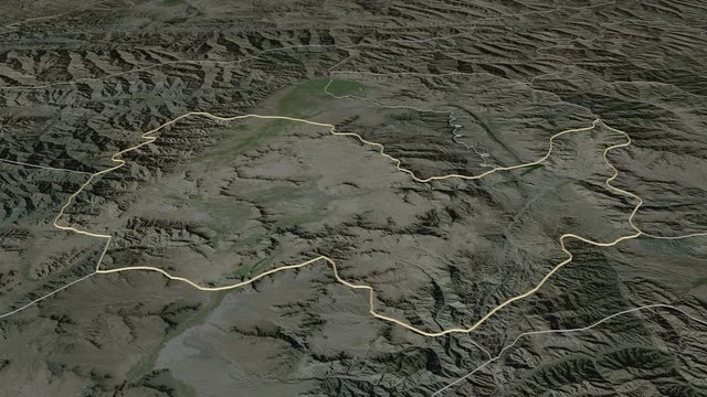 Kabul, province with its capital, zoomed and extruded on the satellite map of Afghanistan in the conformal Stereographic projection. Animation 3D