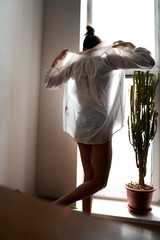 Young beautiful sexy brunette woman in white shirt and black lingerie standing near big window with cactus plant; silhouette of athletic slim girl at the window; enjoying a view