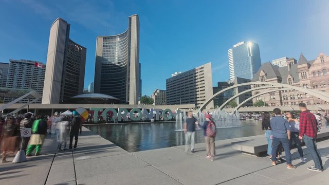 Timelapse of people at the 3D Toronto Sign in Nathan Phillips Square. Toronto, Ontario, Canada. 14 September 2019