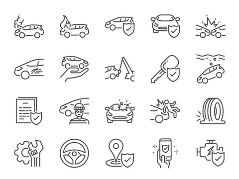 Car insurance icon set. Included icons as emergency, risk management, protection, accident, Side Collision, Front Collision, Broken Car and more.